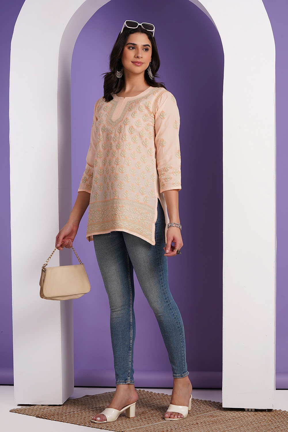 Peach Hand Embroidered Chikan Cotton Top With Contrast Thread Work