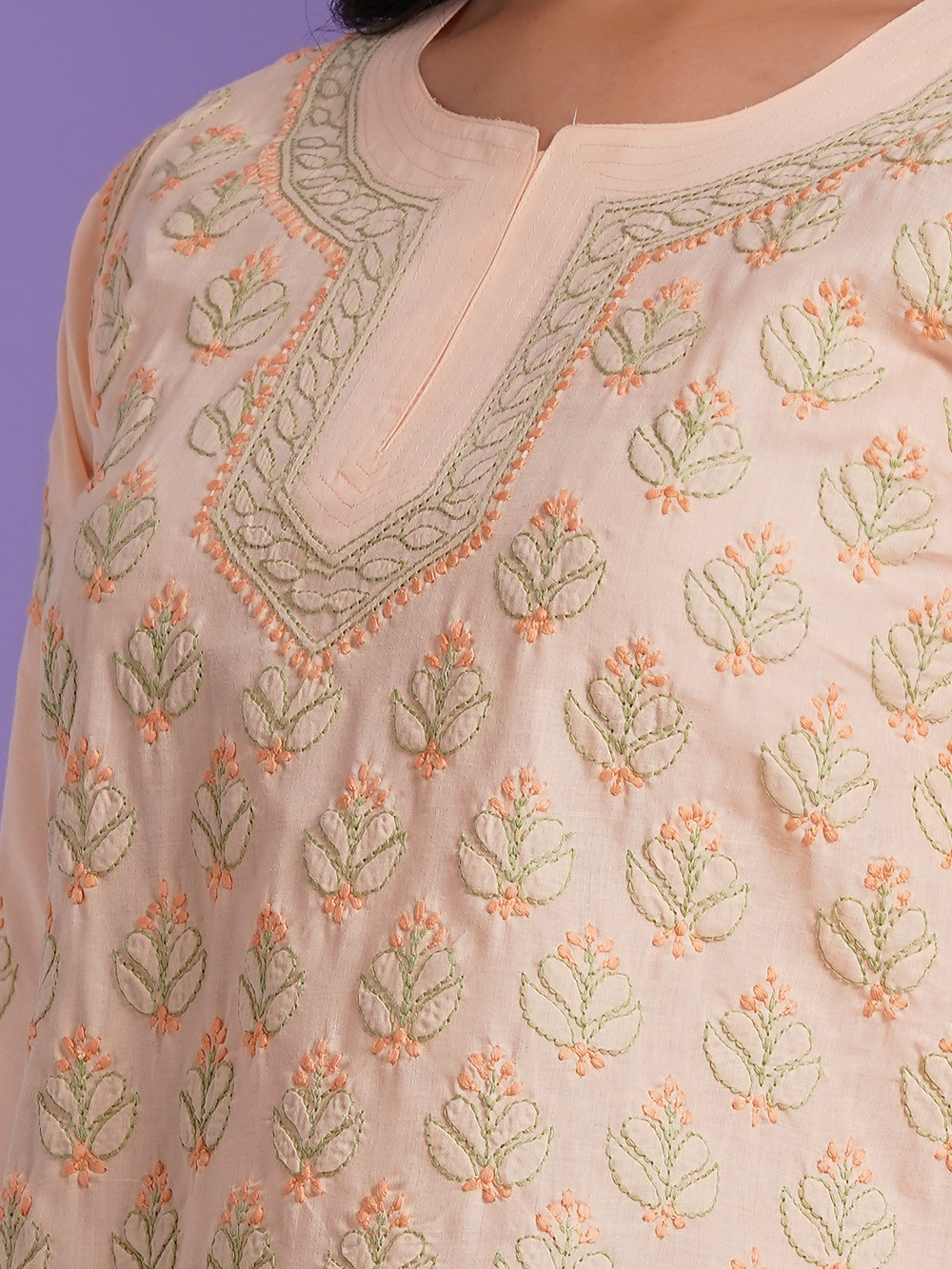Peach Hand Embroidered Chikan Cotton Top With Contrast Thread Work