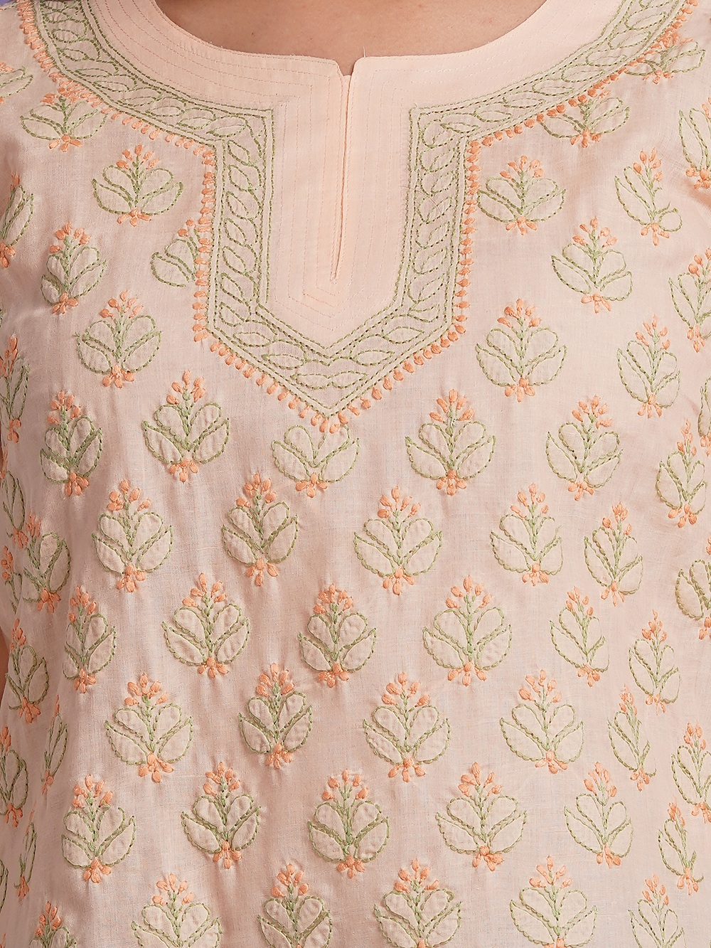 Peach Hand Embroidered Chikan Cotton Top With Contrast Thread Work