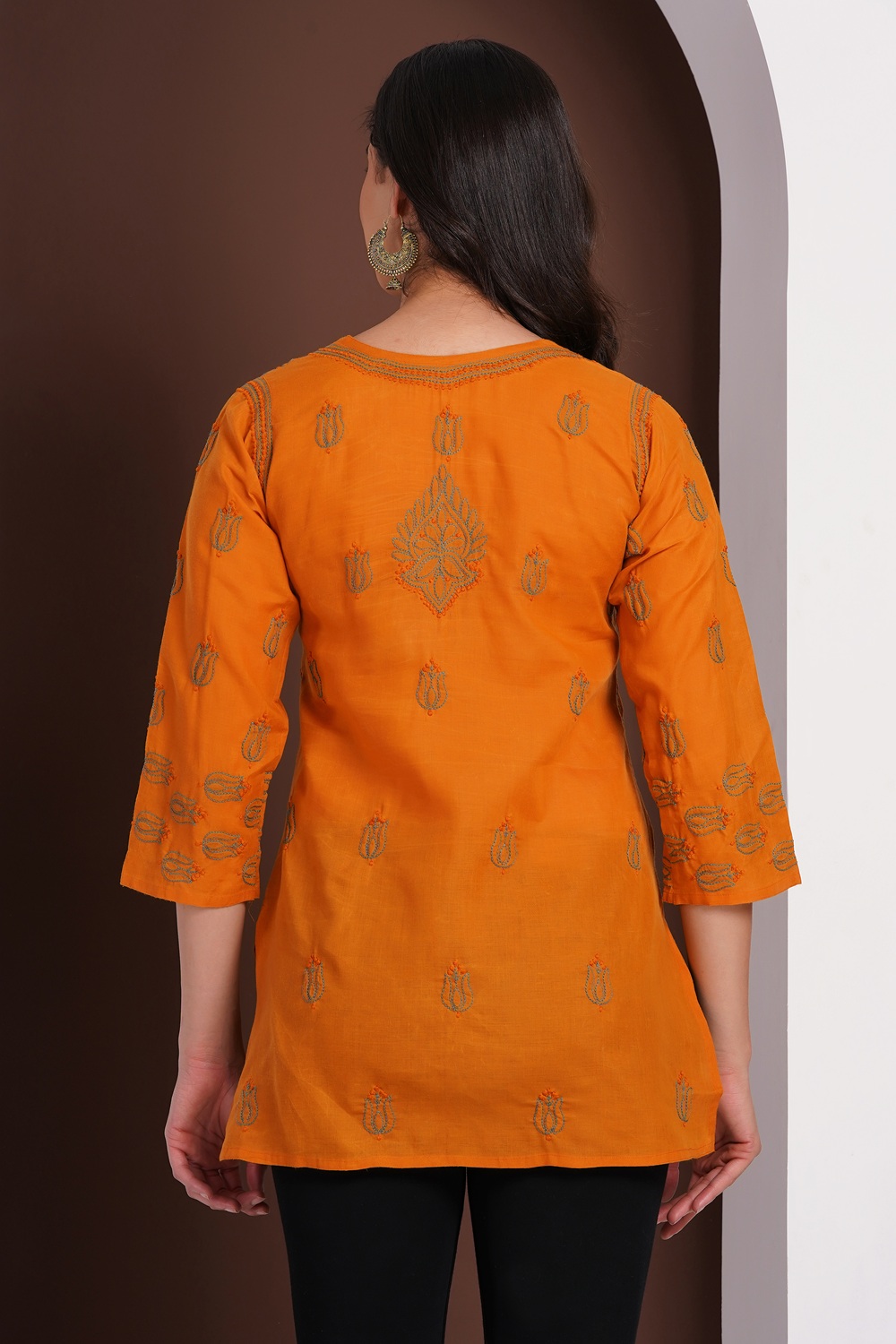 Burnt Orange Hand Embroidered Chikan Cotton Top With Contrast Thread Work