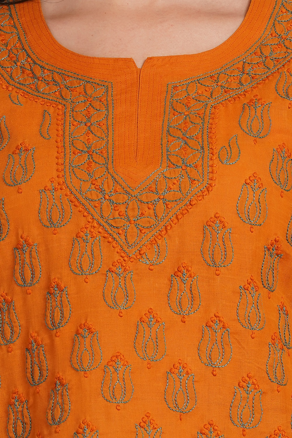 Burnt Orange Hand Embroidered Chikan Cotton Top With Contrast Thread Work