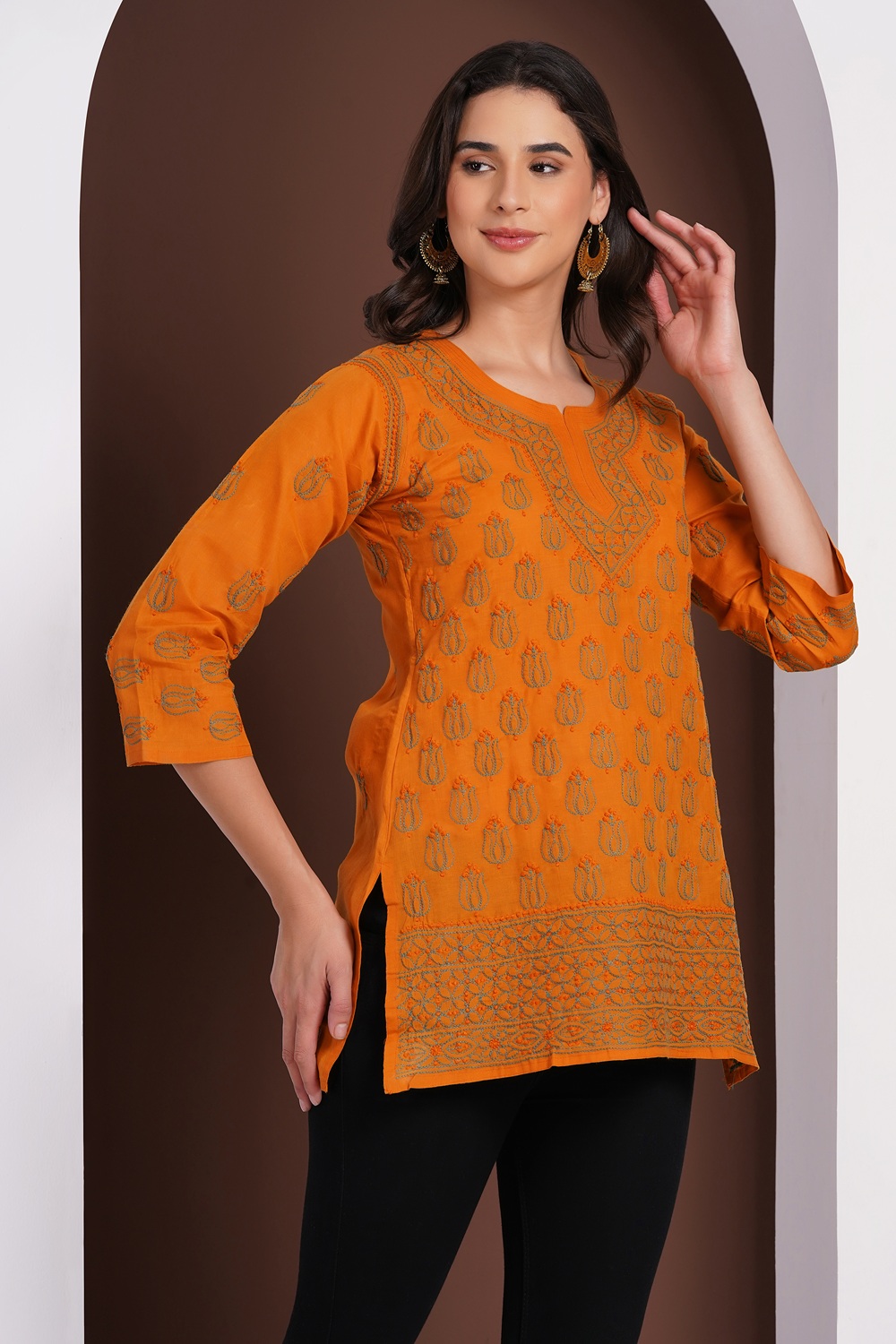 Burnt Orange Hand Embroidered Chikan Cotton Top With Contrast Thread Work