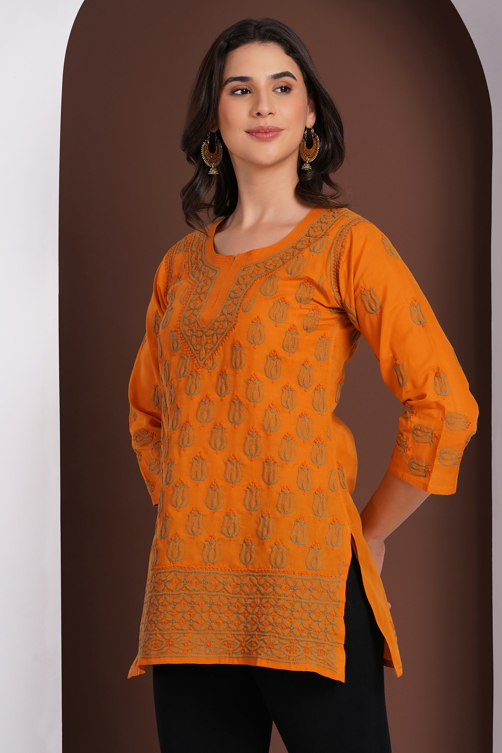 Burnt Orange Hand Embroidered Chikan Cotton Top With Contrast Thread Work