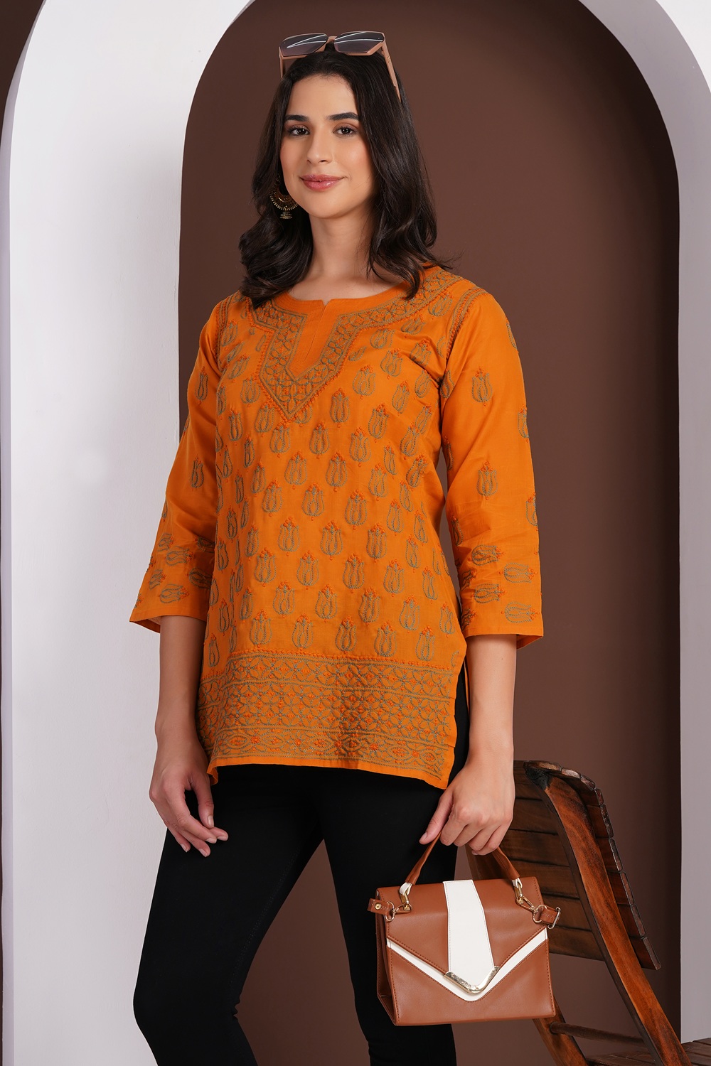 Burnt Orange Hand Embroidered Chikan Cotton Top With Contrast Thread Work