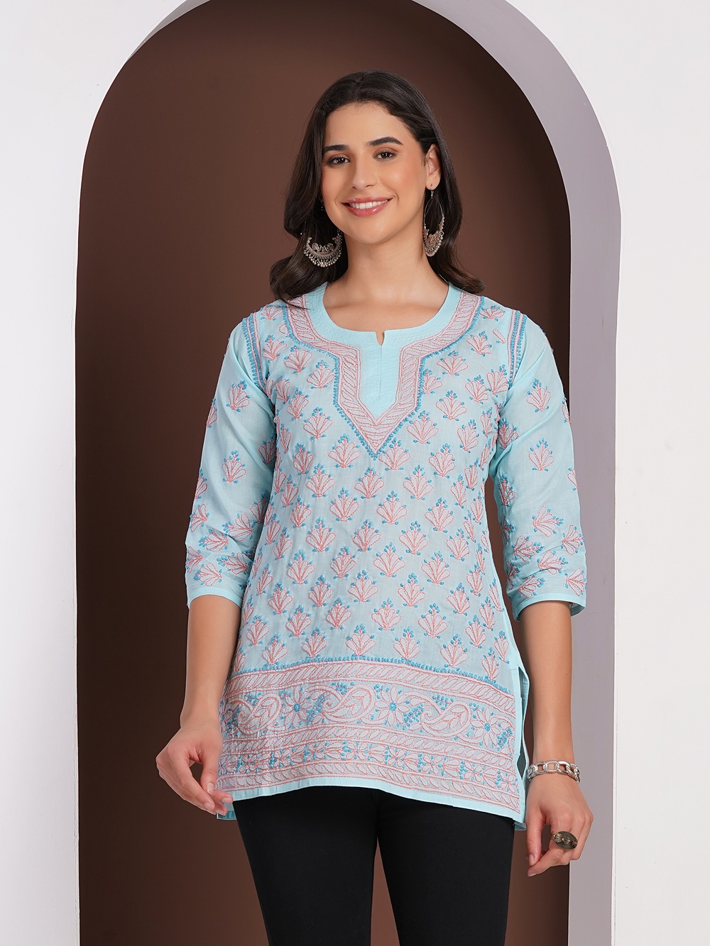 Sky Blue Hand Embroidered Chikan Cotton Top With Contrast Thread Work