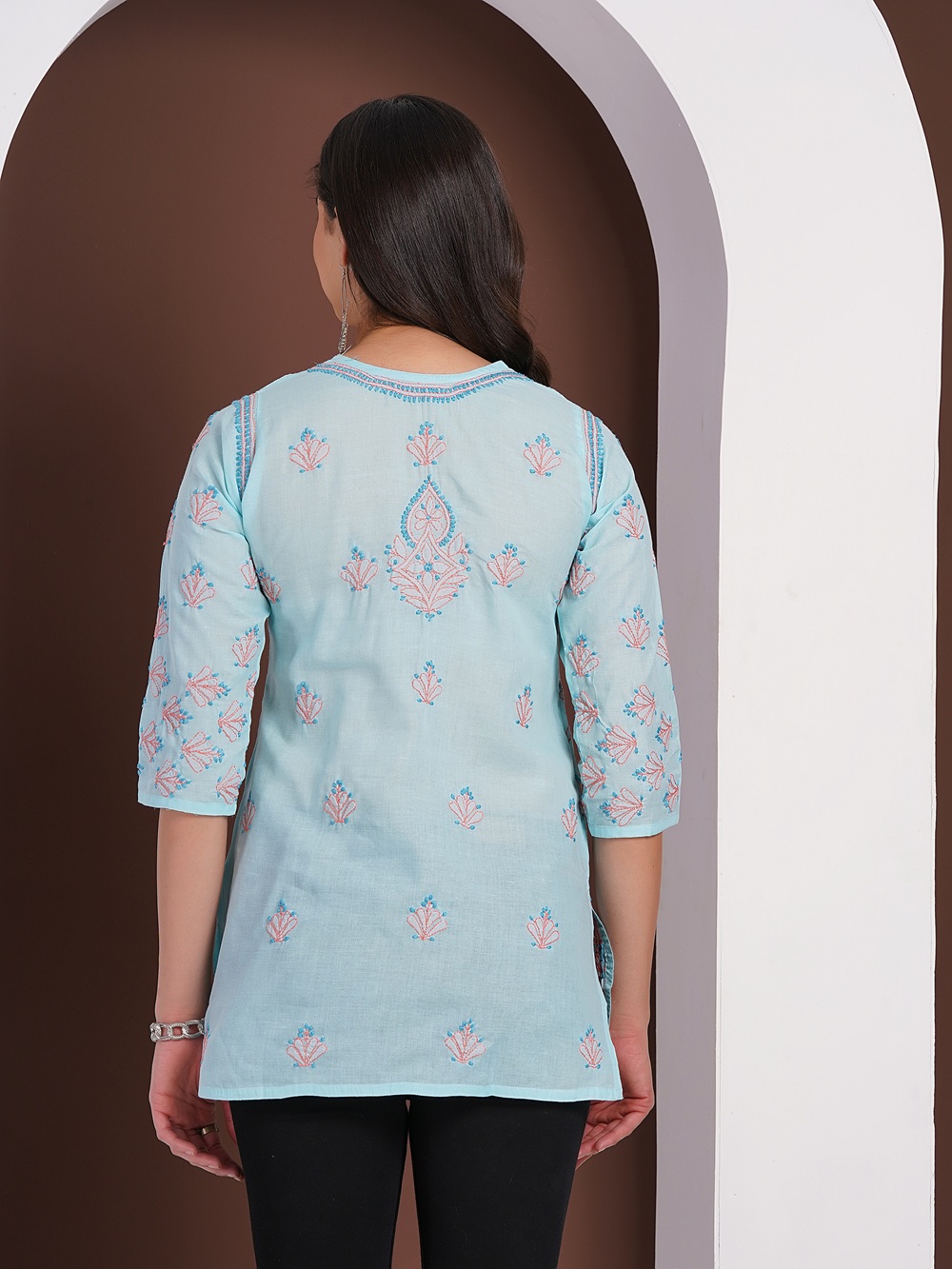 Sky Blue Hand Embroidered Chikan Cotton Top With Contrast Thread Work