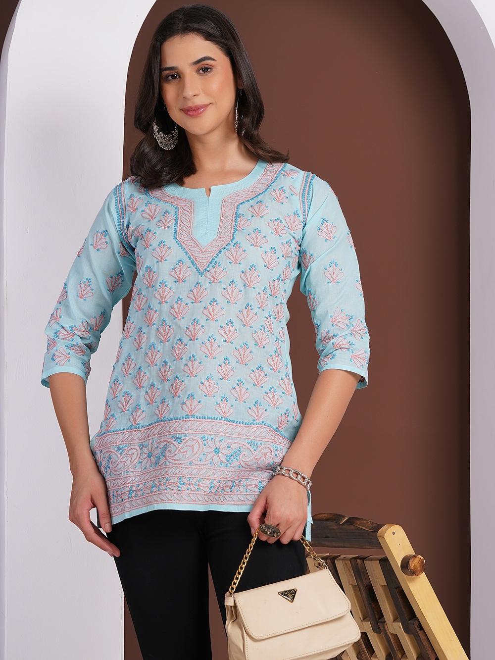 Sky Blue Hand Embroidered Chikan Cotton Top With Contrast Thread Work