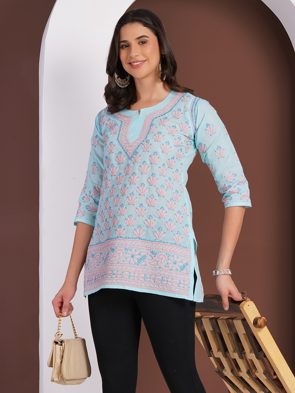 Sky Blue Hand Embroidered Chikan Cotton Top With Contrast Thread Work