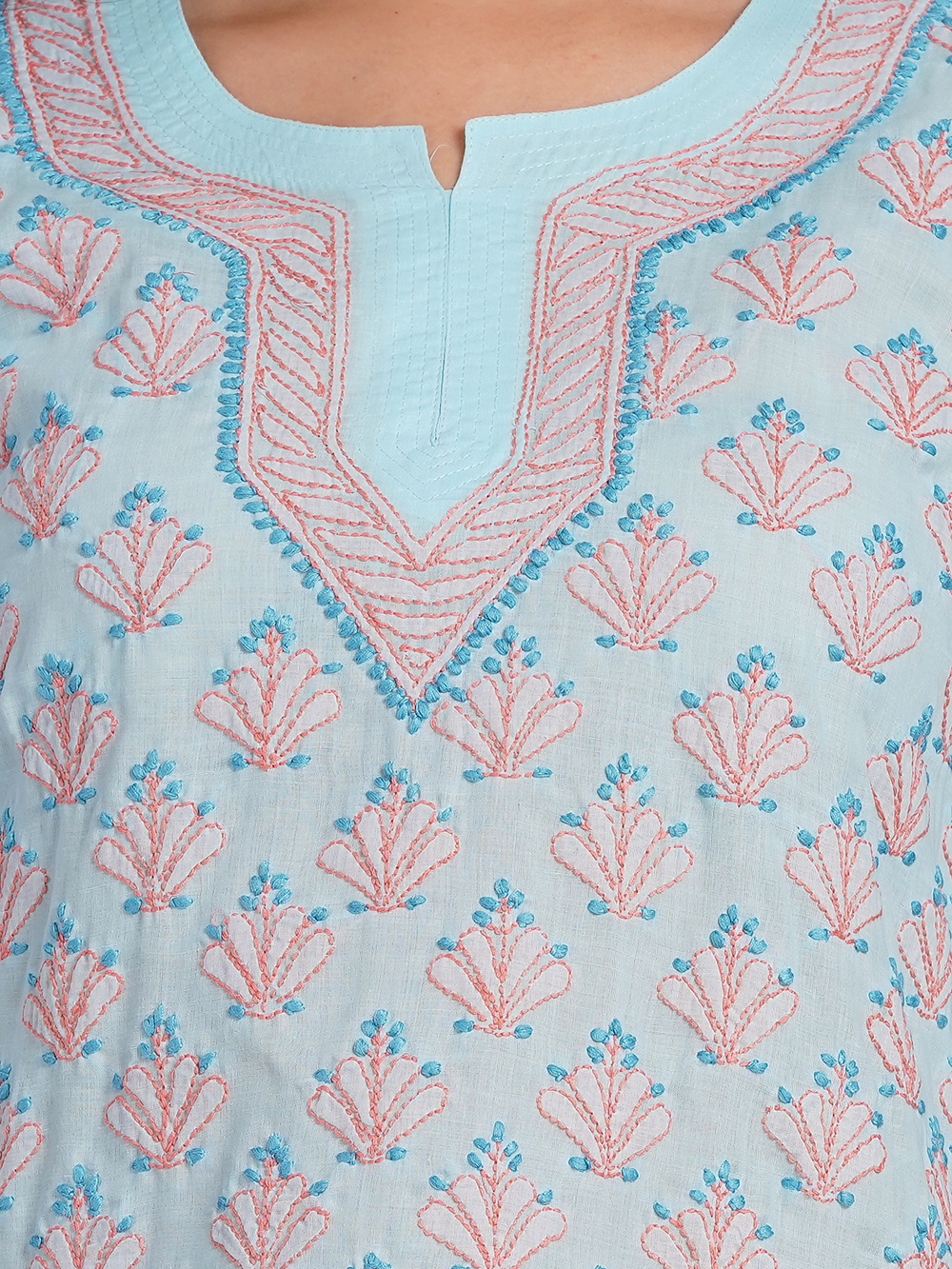 Sky Blue Hand Embroidered Chikan Cotton Top With Contrast Thread Work