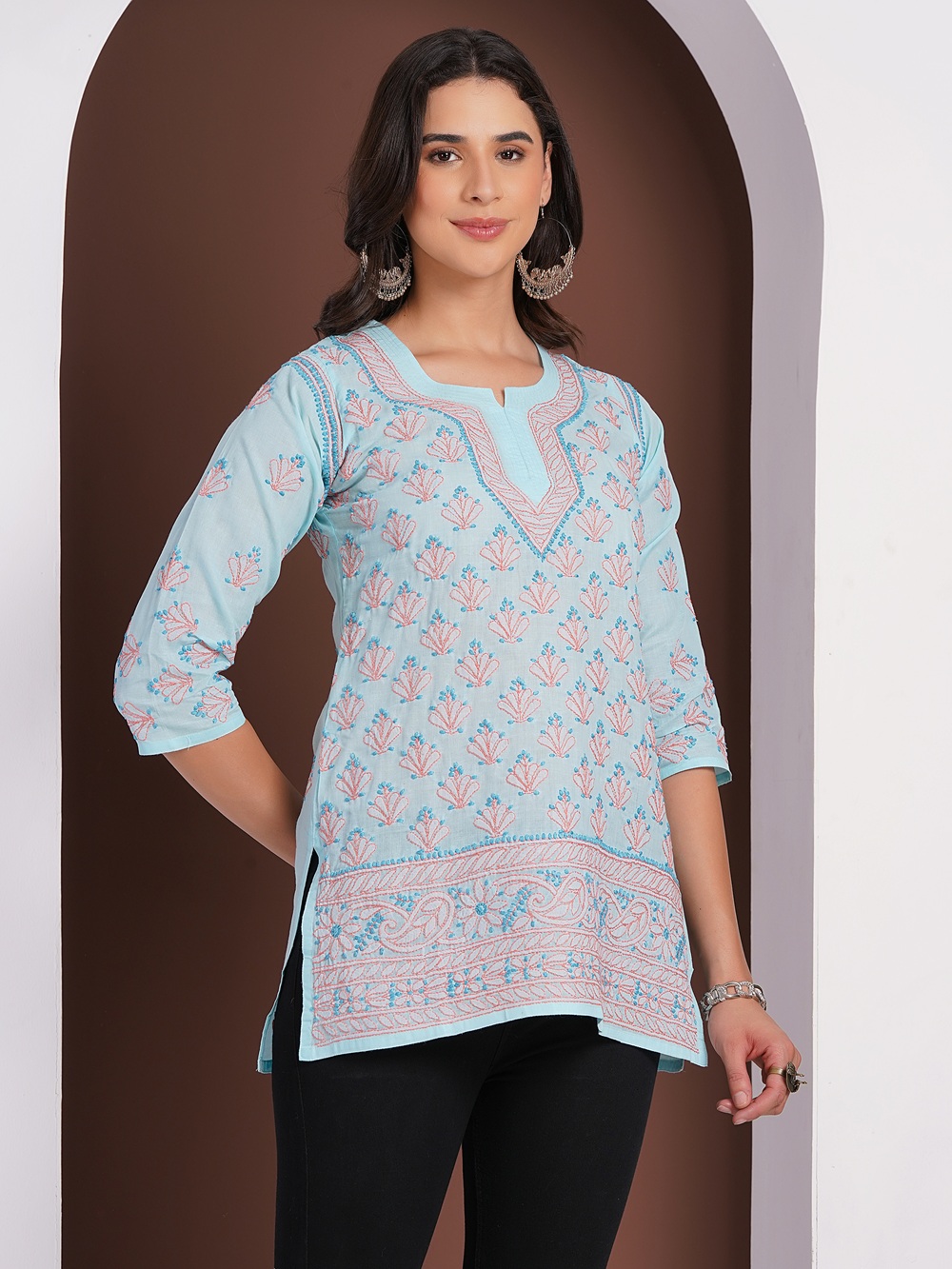 Sky Blue Hand Embroidered Chikan Cotton Top With Contrast Thread Work