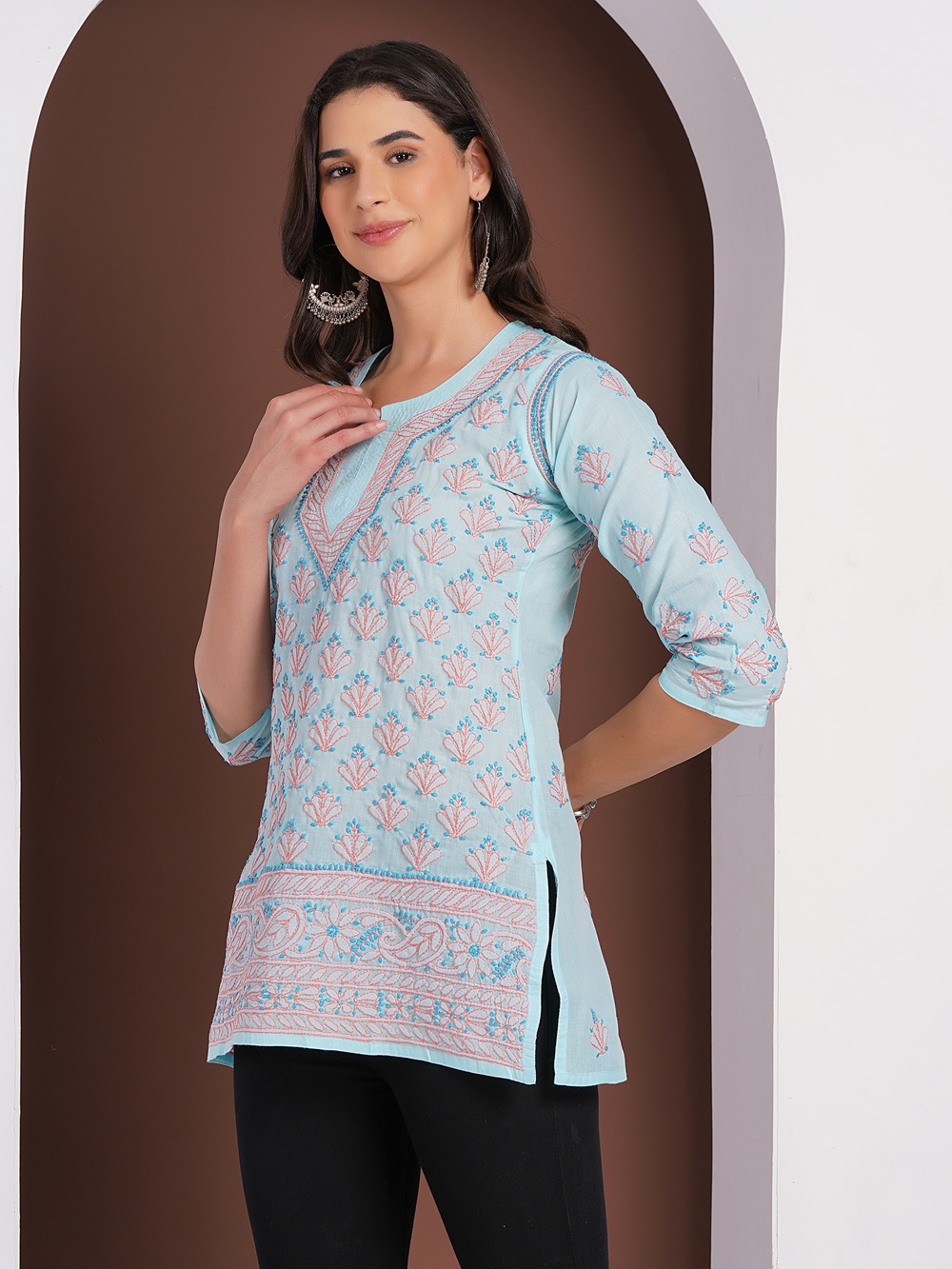 Sky Blue Hand Embroidered Chikan Cotton Top With Contrast Thread Work