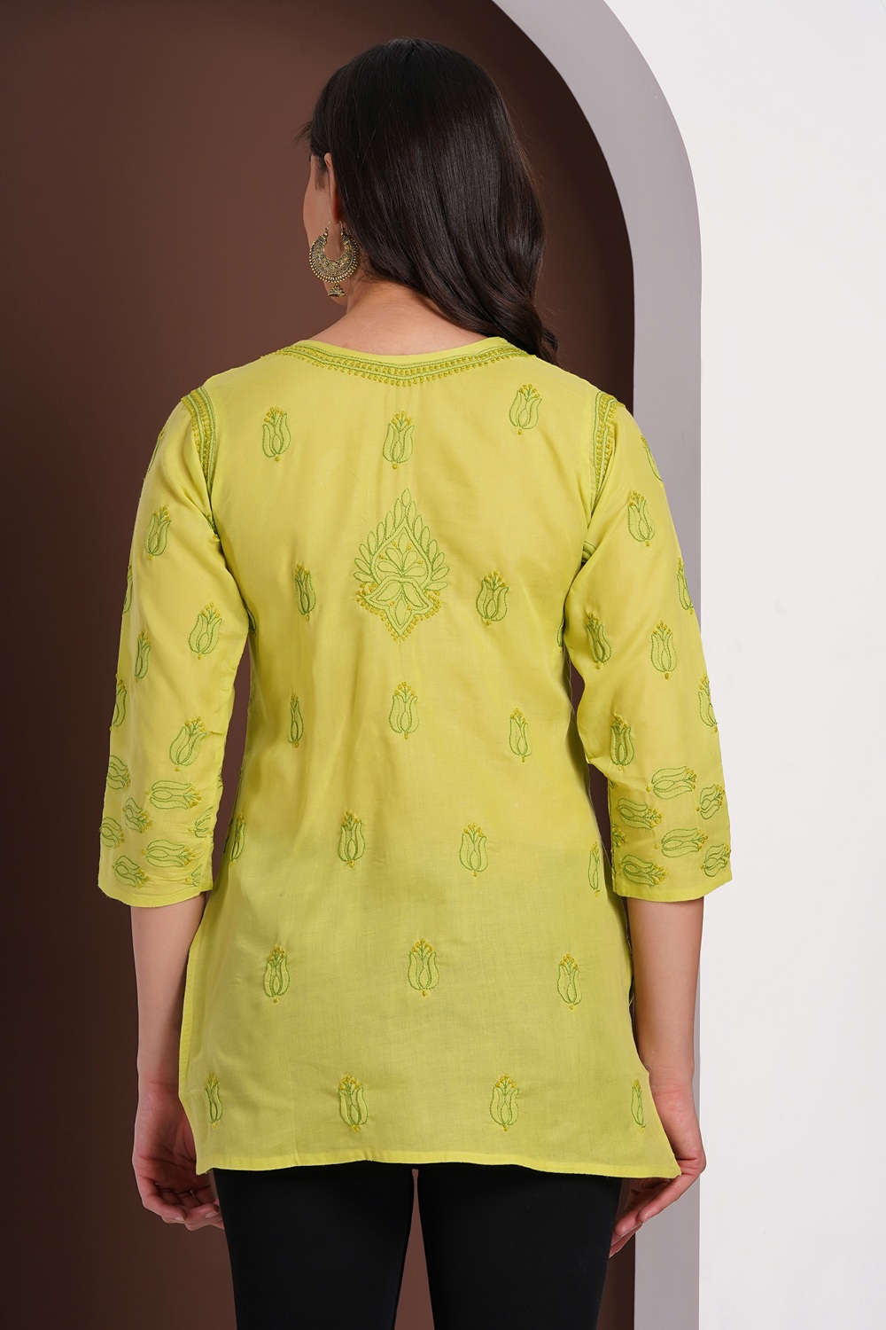 Olive Green Hand Embroidered Chikan Cotton Top With Contrast Thread Work