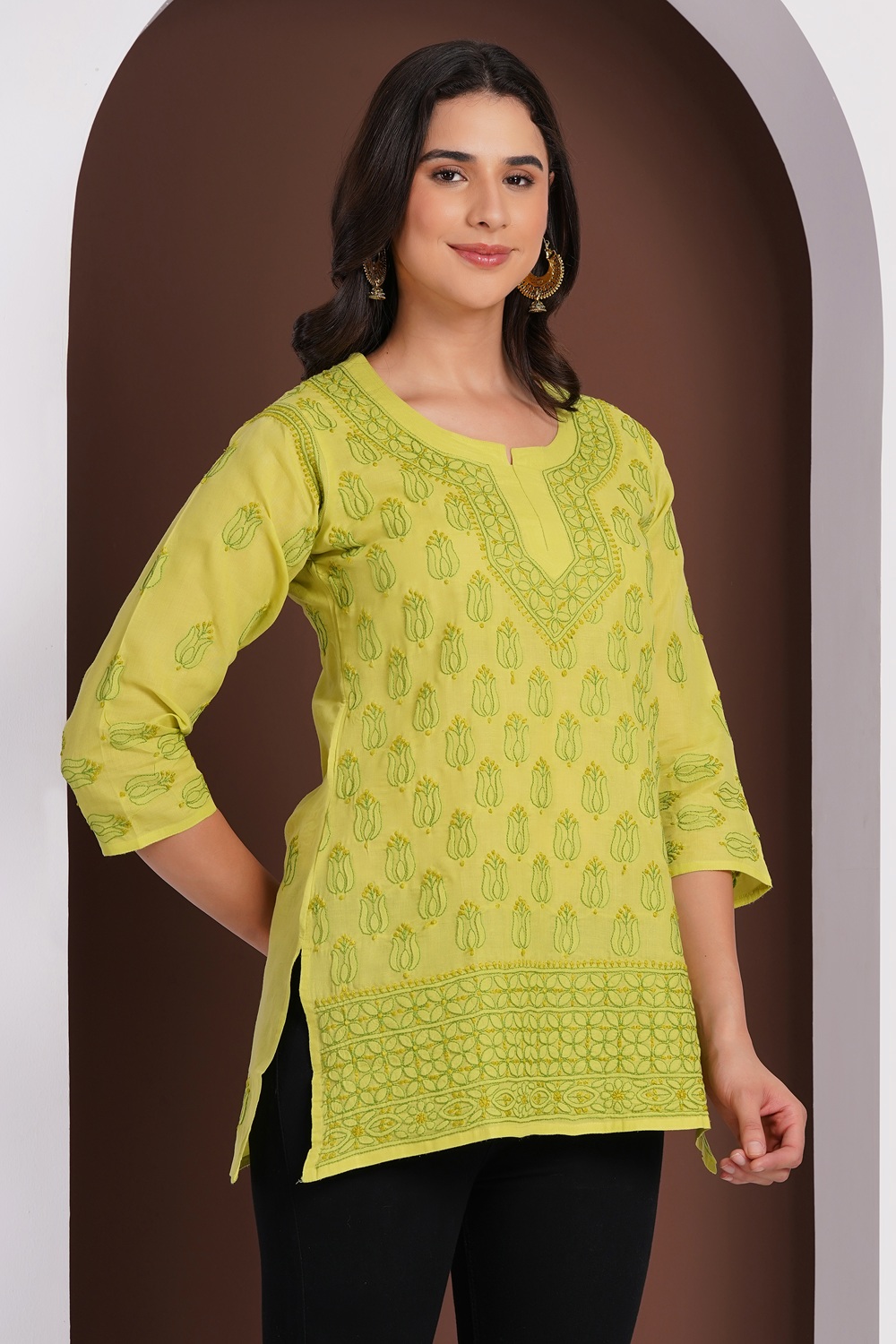 Olive Green Hand Embroidered Chikan Cotton Top With Contrast Thread Work