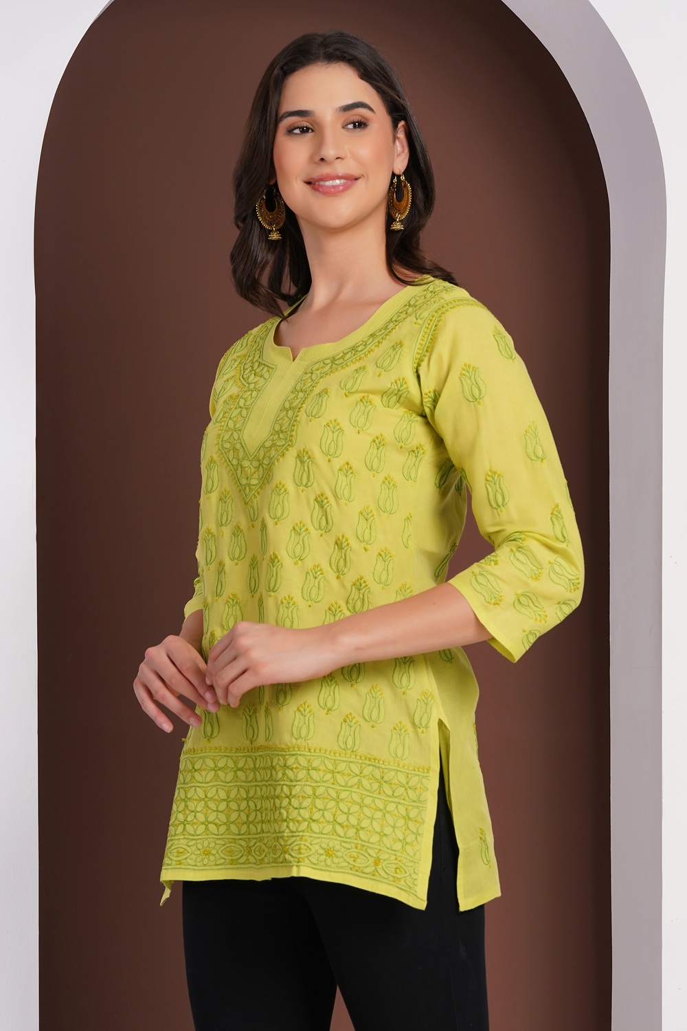 Olive Green Hand Embroidered Chikan Cotton Top With Contrast Thread Work
