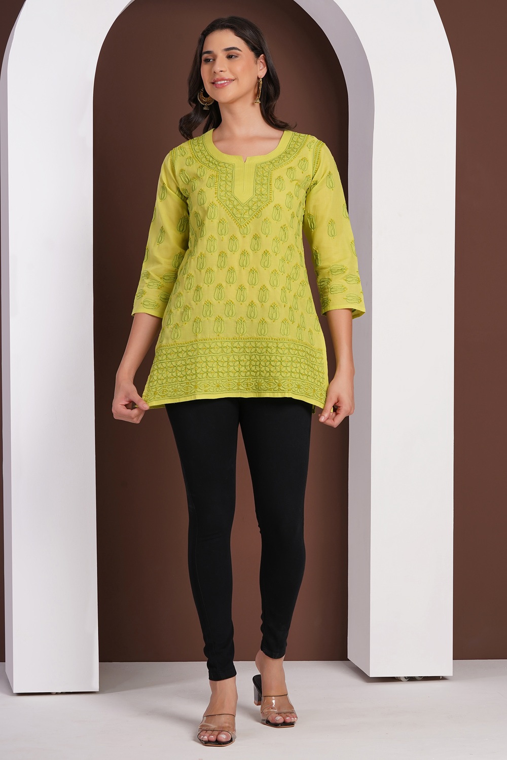 Olive Green Hand Embroidered Chikan Cotton Top With Contrast Thread Work