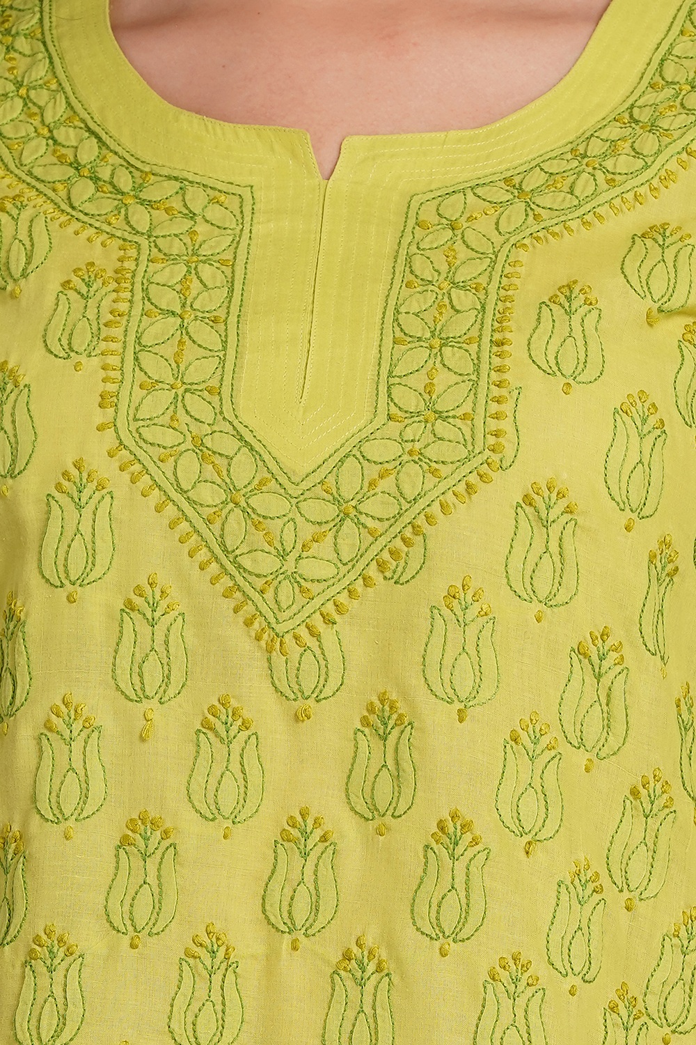 Olive Green Hand Embroidered Chikan Cotton Top With Contrast Thread Work