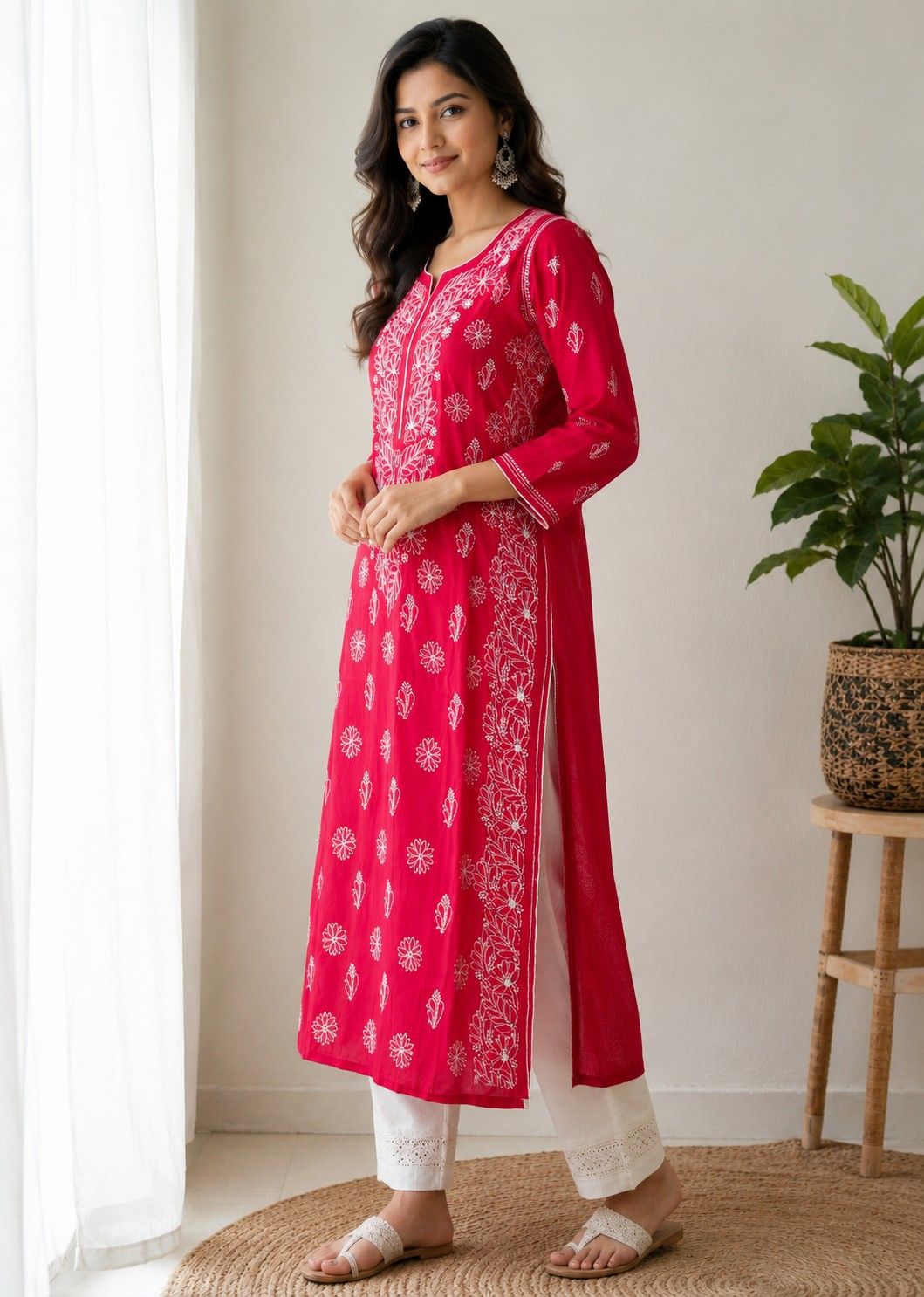 Deep Raspberry Pink Handcrafted Lucknowi Chikan Chanderi Cotton Kurti