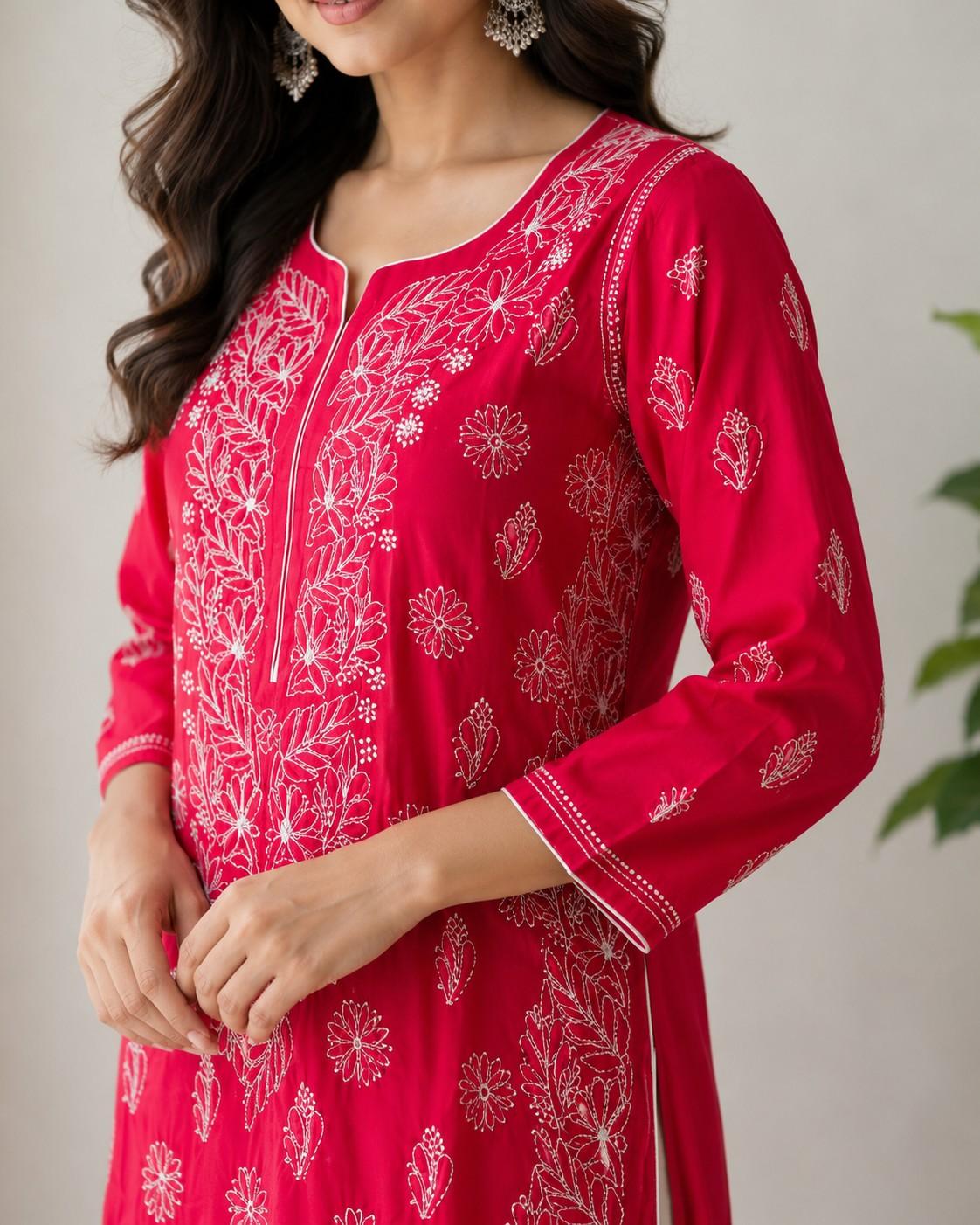 Deep Raspberry Pink Handcrafted Lucknowi Chikan Chanderi Cotton Kurti