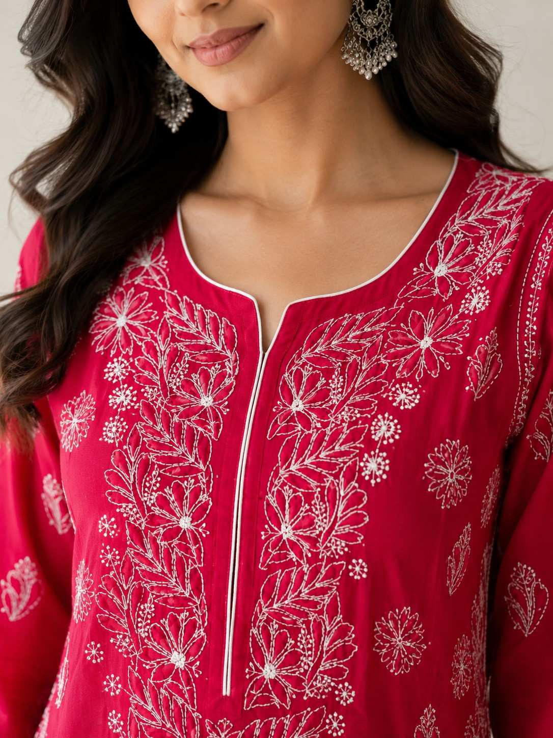 Deep Raspberry Pink Handcrafted Lucknowi Chikan Chanderi Cotton Kurti