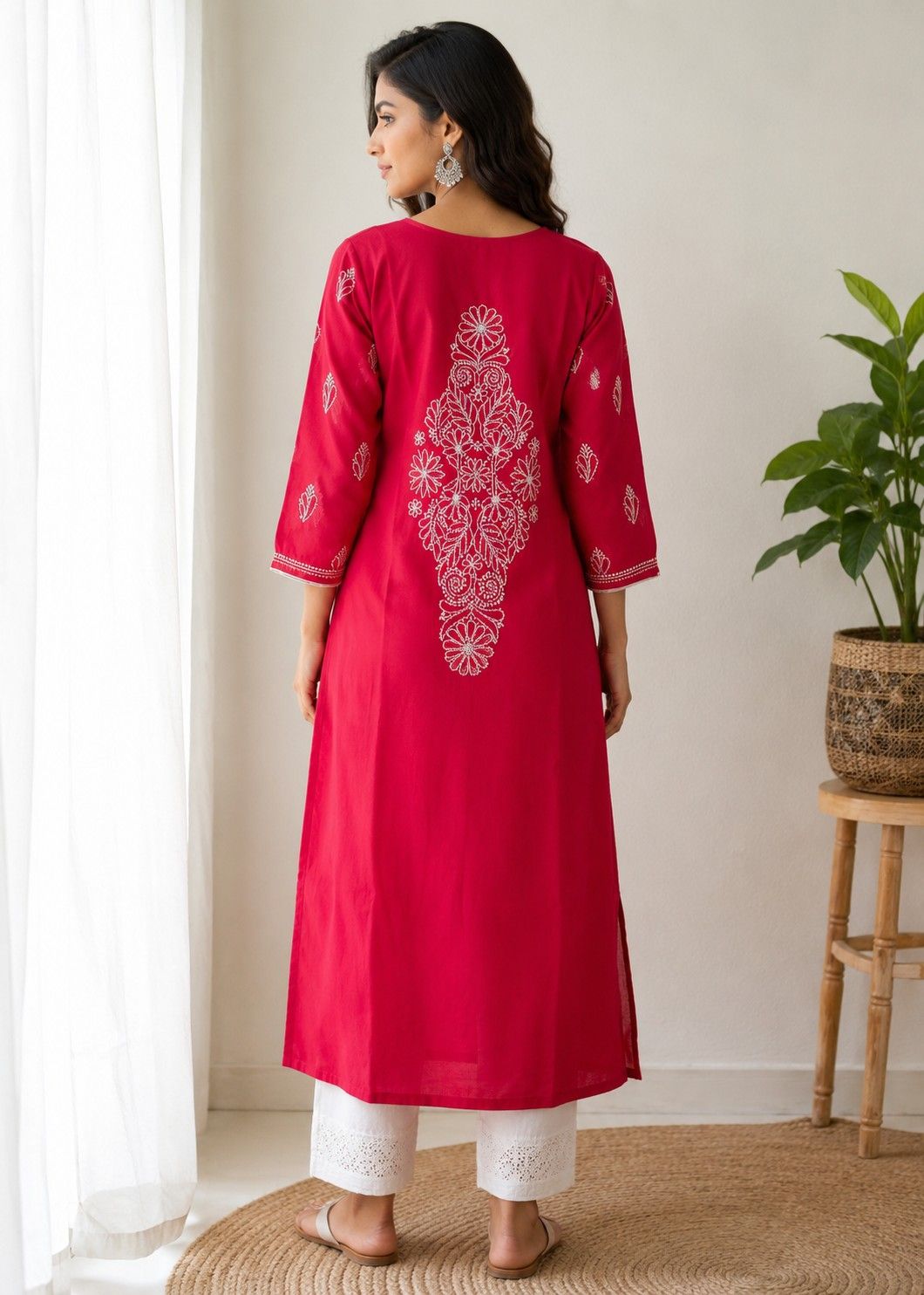 Deep Raspberry Pink Handcrafted Lucknowi Chikan Chanderi Cotton Kurti