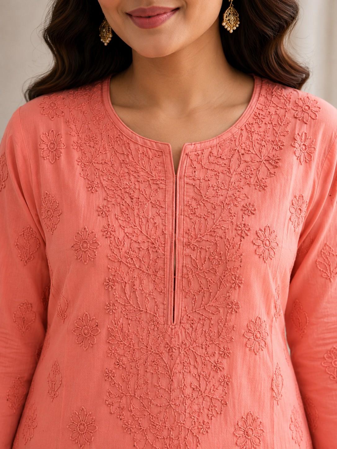 Peach Coral Handcrafted Lucknowi Chikan Chanderi Cotton Kurti