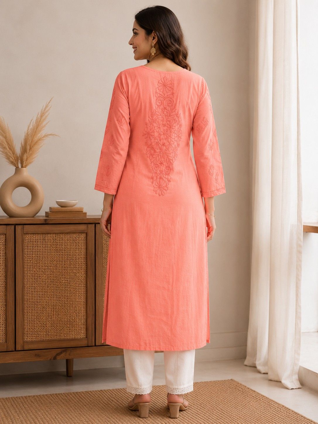 Peach Coral Handcrafted Lucknowi Chikan Chanderi Cotton Kurti