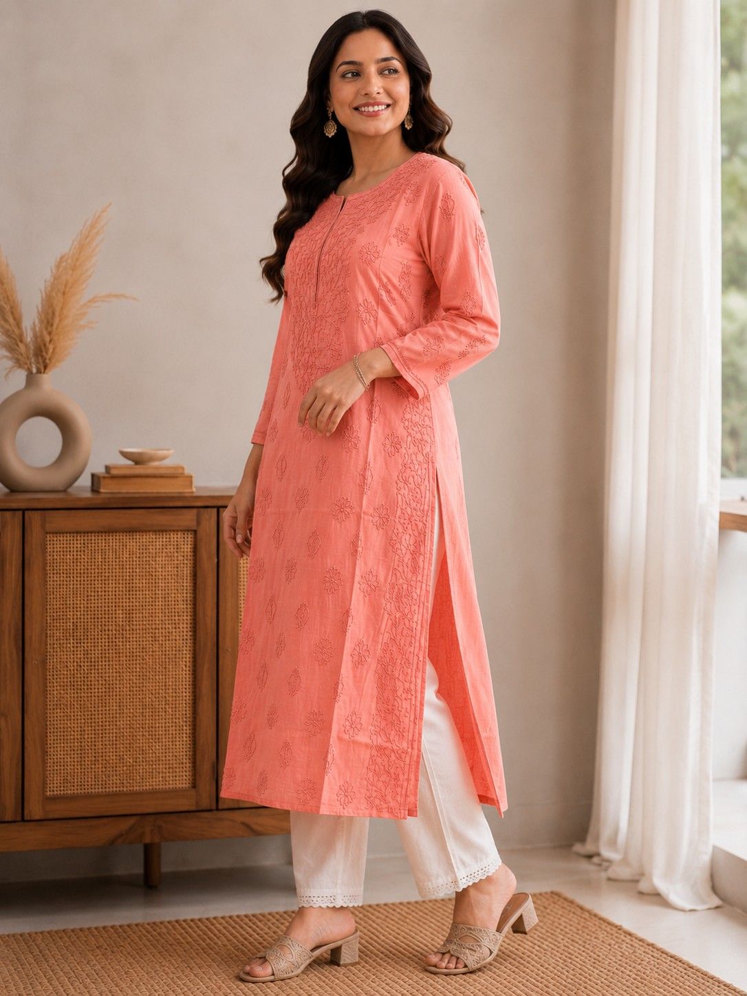 Peach Coral Handcrafted Lucknowi Chikan Chanderi Cotton Kurti