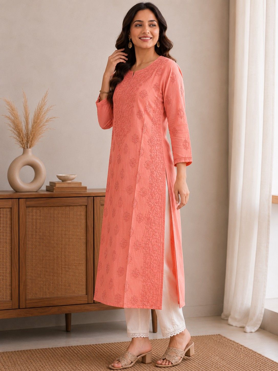 Peach Coral Handcrafted Lucknowi Chikan Chanderi Cotton Kurti