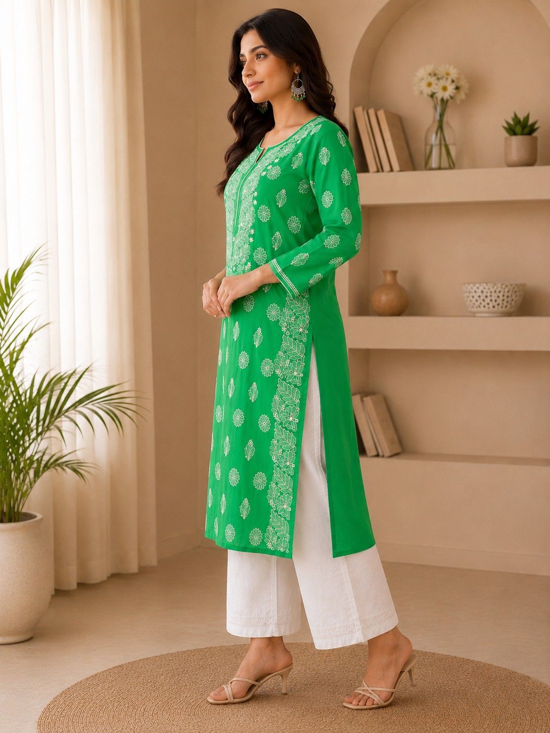 Emerald Green Handcrafted Lucknowi Chikan Chanderi Cotton Kurti