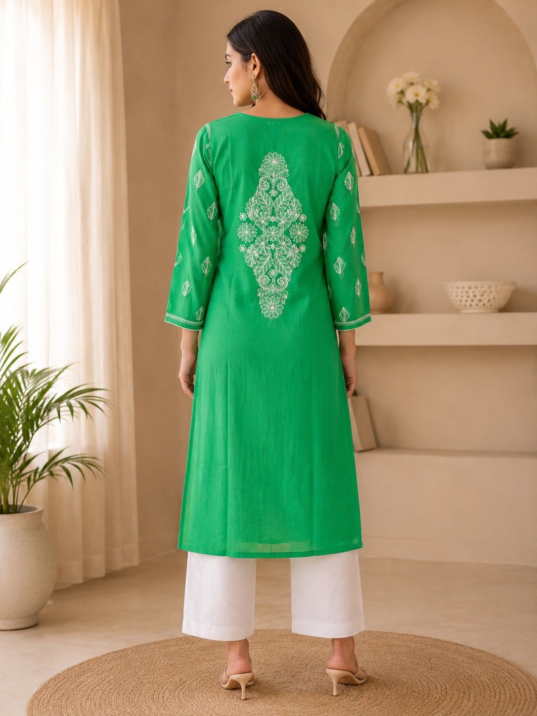 Emerald Green Handcrafted Lucknowi Chikan Chanderi Cotton Kurti