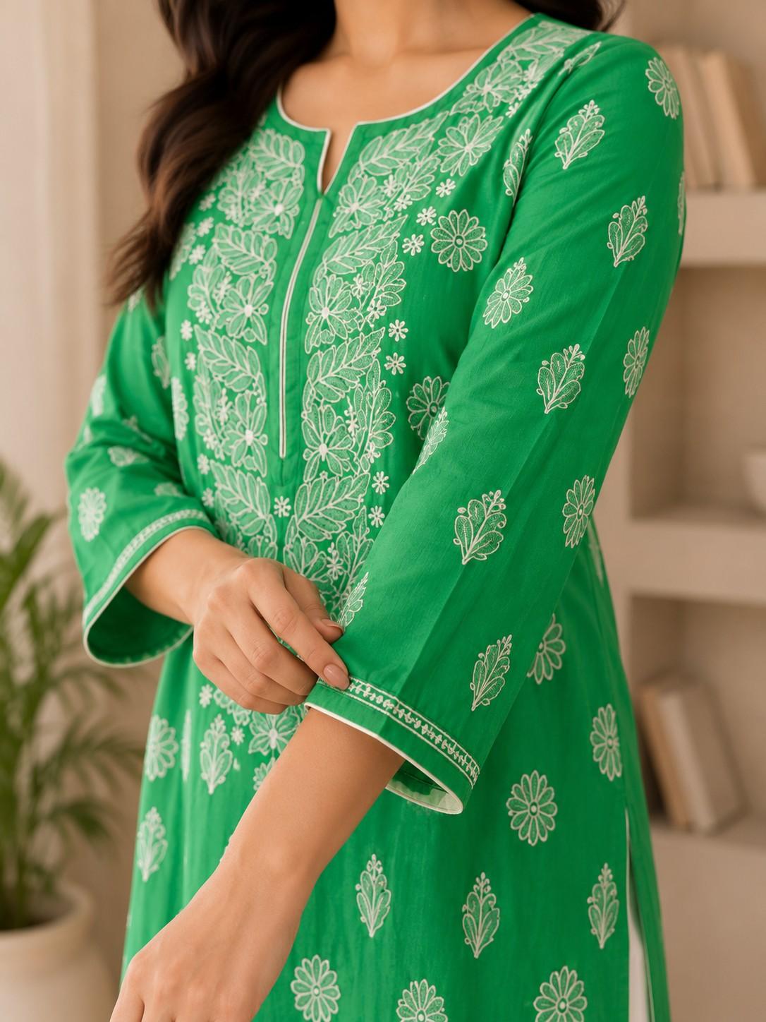 Emerald Green Handcrafted Lucknowi Chikan Chanderi Cotton Kurti