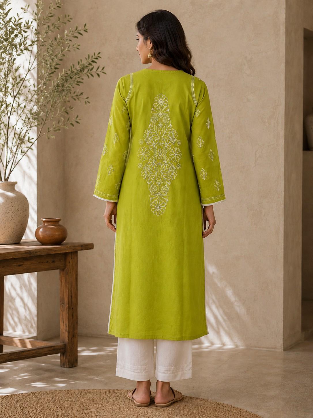 Pistachio Green Handcrafted Lucknowi Chikan Chanderi Cotton Kurti
