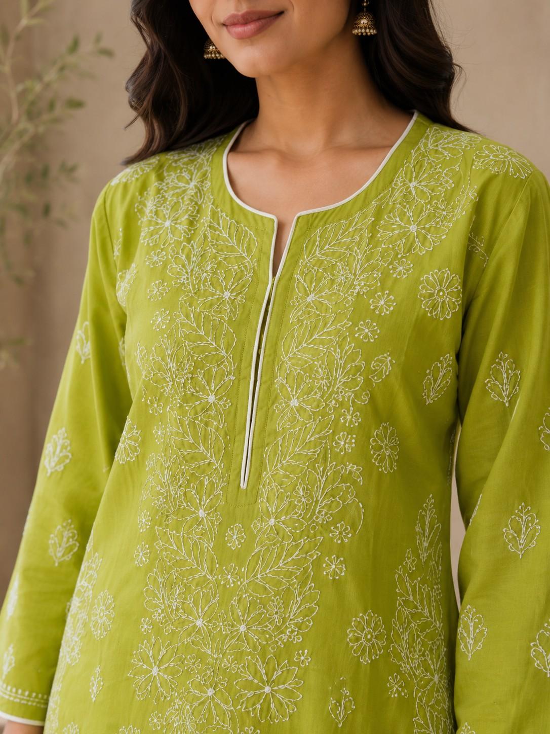 Pistachio Green Handcrafted Lucknowi Chikan Chanderi Cotton Kurti