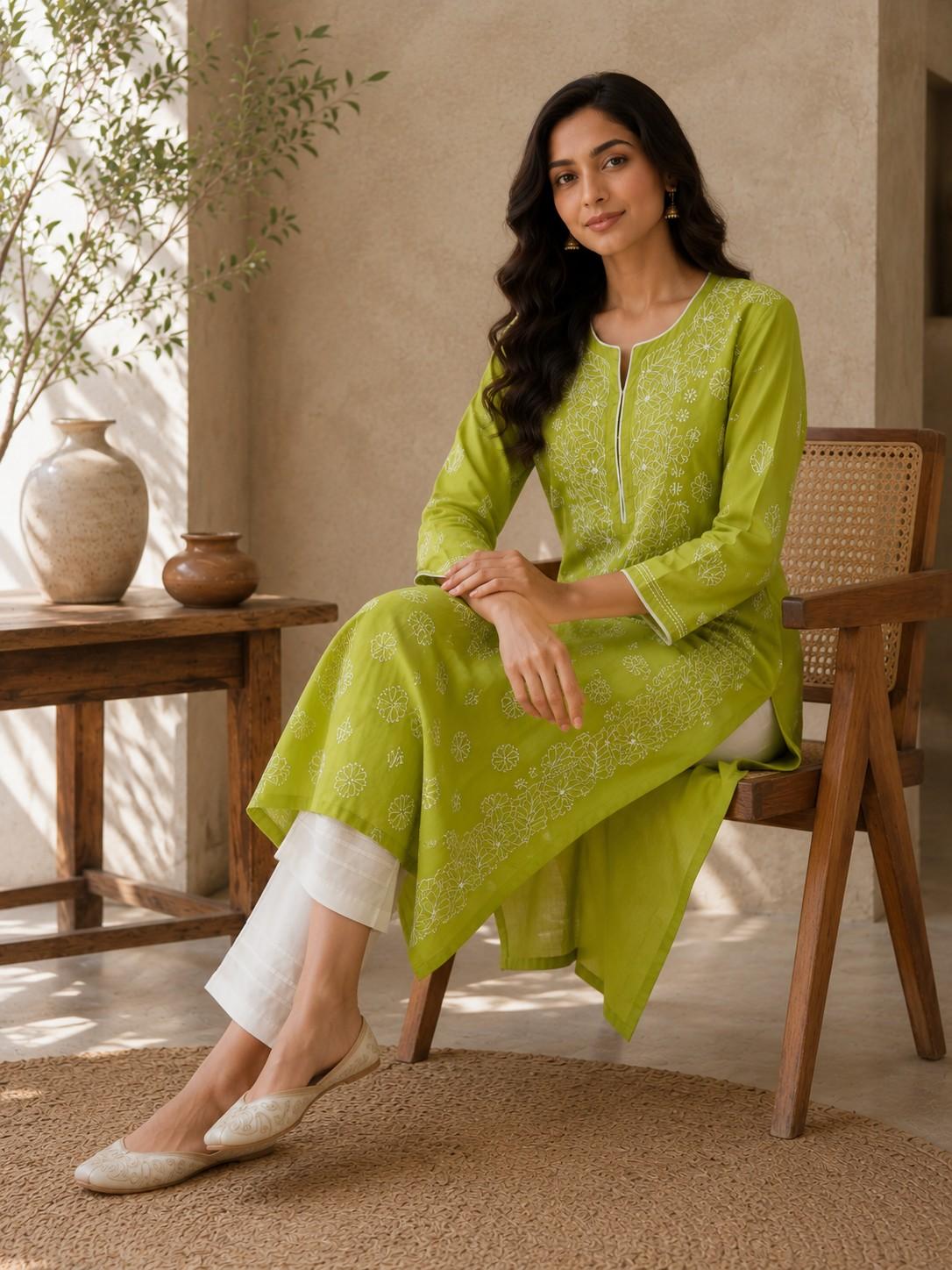 Pistachio Green Handcrafted Lucknowi Chikan Chanderi Cotton Kurti