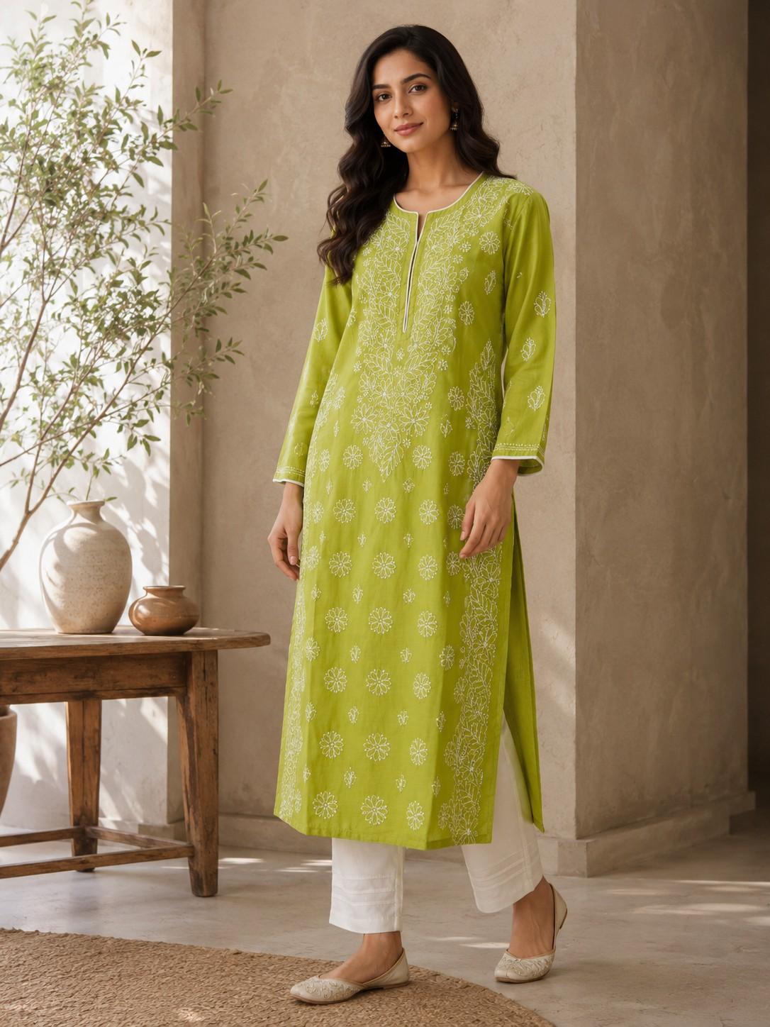 Pistachio Green Handcrafted Lucknowi Chikan Chanderi Cotton Kurti