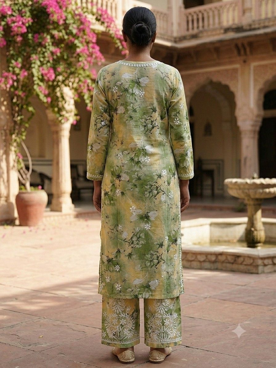 Pistachio Green Hand Embroidered Lucknowi Chikankari Floral Cotton Kurti Palazzo set