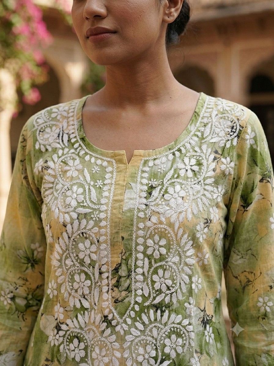 Pistachio Green Hand Embroidered Lucknowi Chikankari Floral Cotton Kurti Palazzo set
