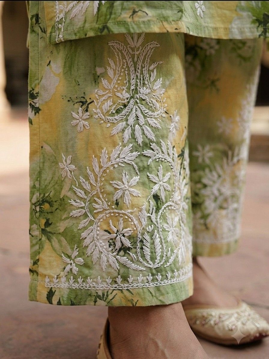 Pistachio Green Hand Embroidered Lucknowi Chikankari Floral Cotton Kurti Palazzo set