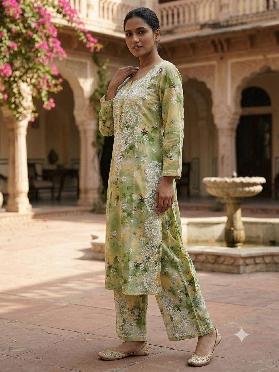 Pistachio Green Hand Embroidered Lucknowi Chikankari Floral Cotton Kurti Palazzo set