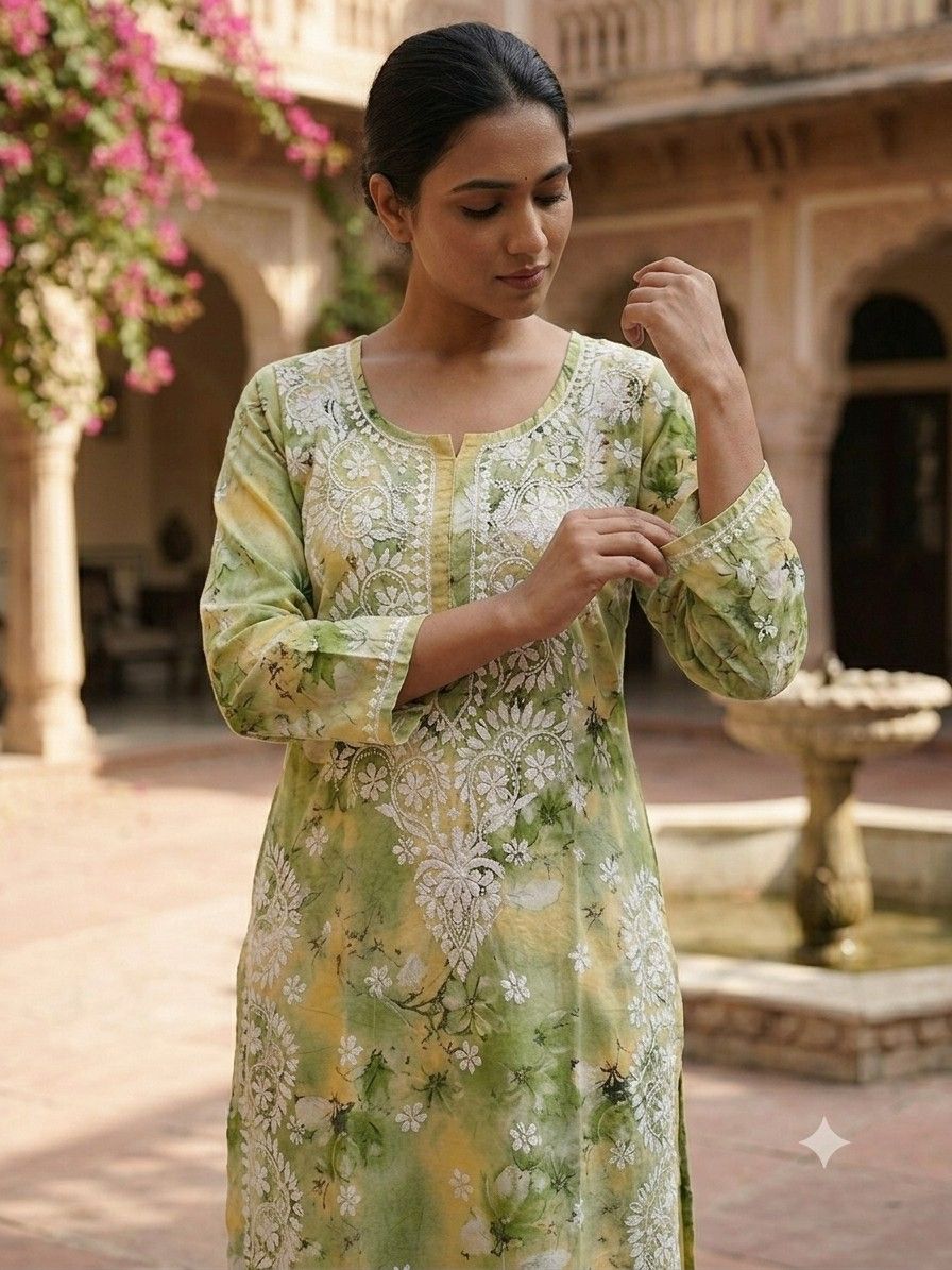 Pistachio Green Hand Embroidered Lucknowi Chikankari Floral Cotton Kurti Palazzo set