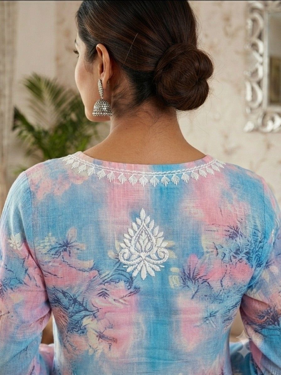 Pastel Sky Blue With Blush Pink Hand Embroidered Lucknowi Chikankari Floral Cotton Kurti Palazzo set