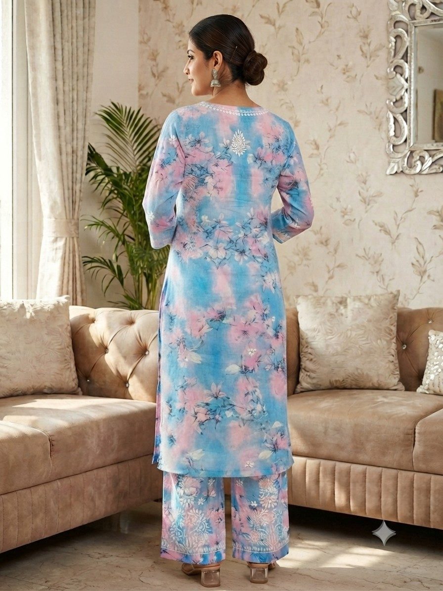 Pastel Sky Blue With Blush Pink Hand Embroidered Lucknowi Chikankari Floral Cotton Kurti Palazzo set